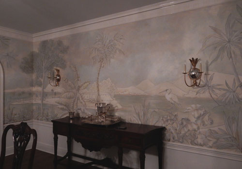 Tropical mural with buffet in front