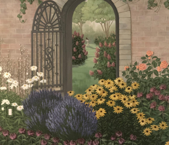 Partial garden shot with door and gate and flowers