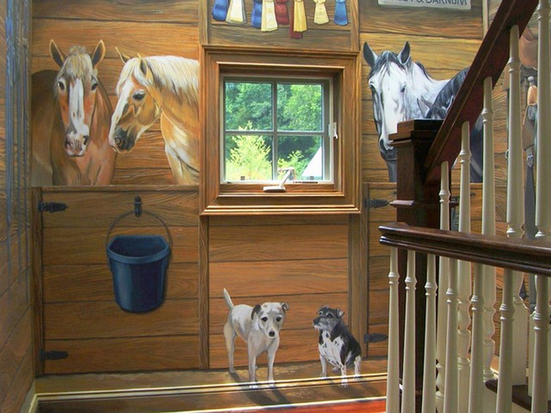 Stair landing with horses and dogs