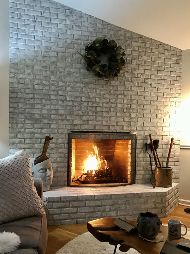 Fireplace with roaring fire