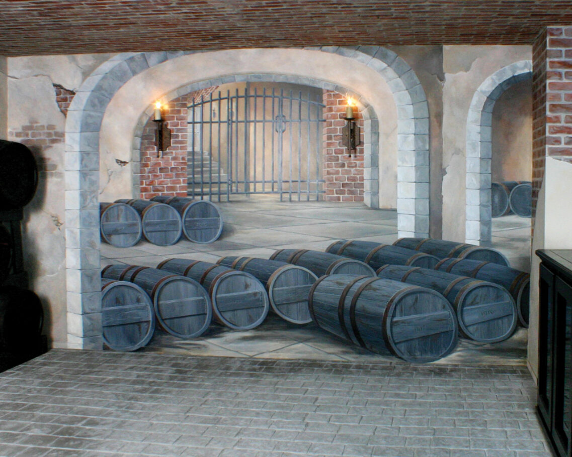 Wine cellar with lights on